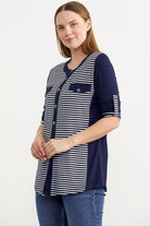 Truvakar Kol Cep Detaylı Çizgili Tişört - Lacivert (3) Sementa