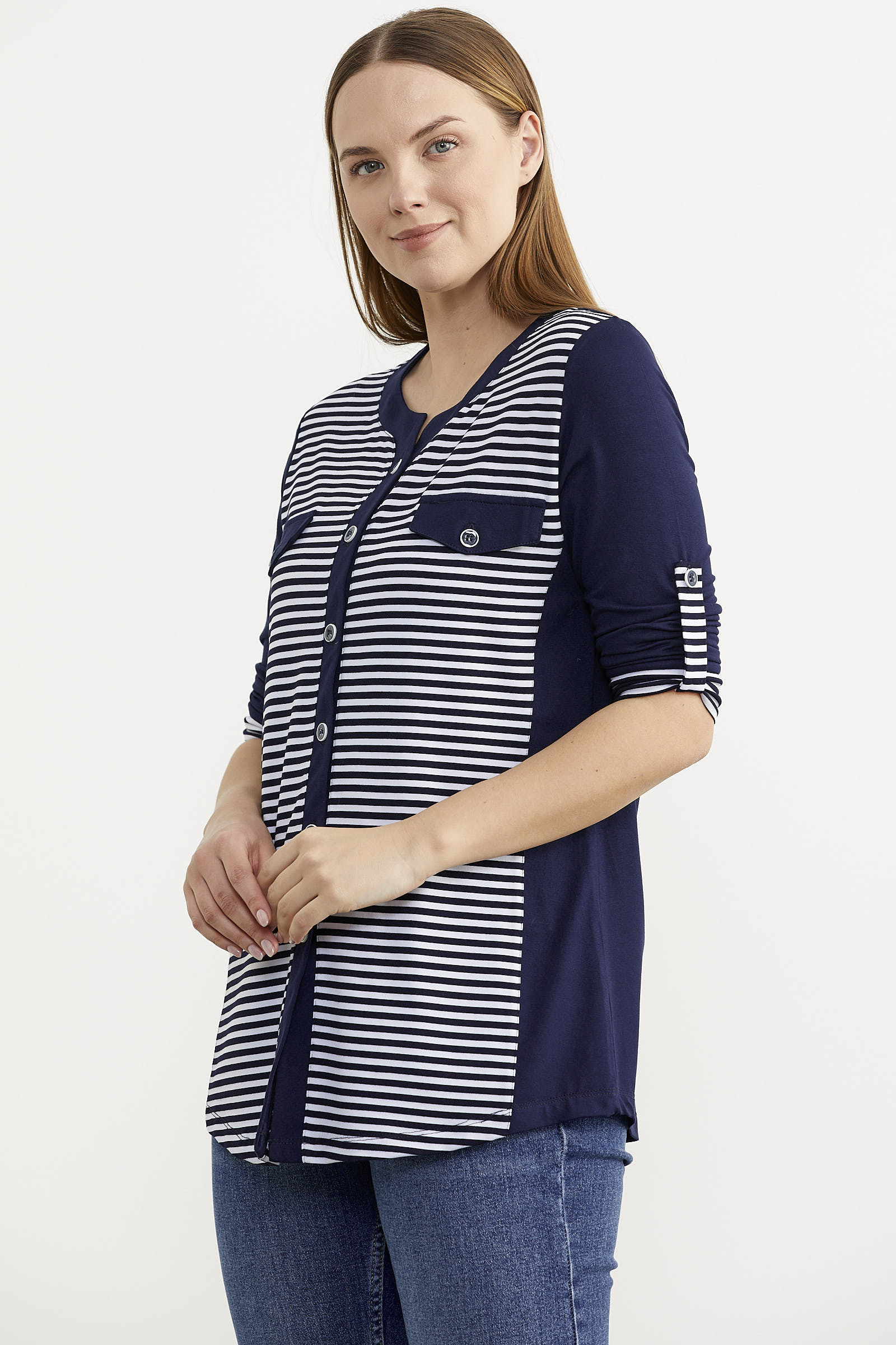 Truvakar Kol Cep Detaylı Çizgili Tişört - Lacivert (3) Sementa