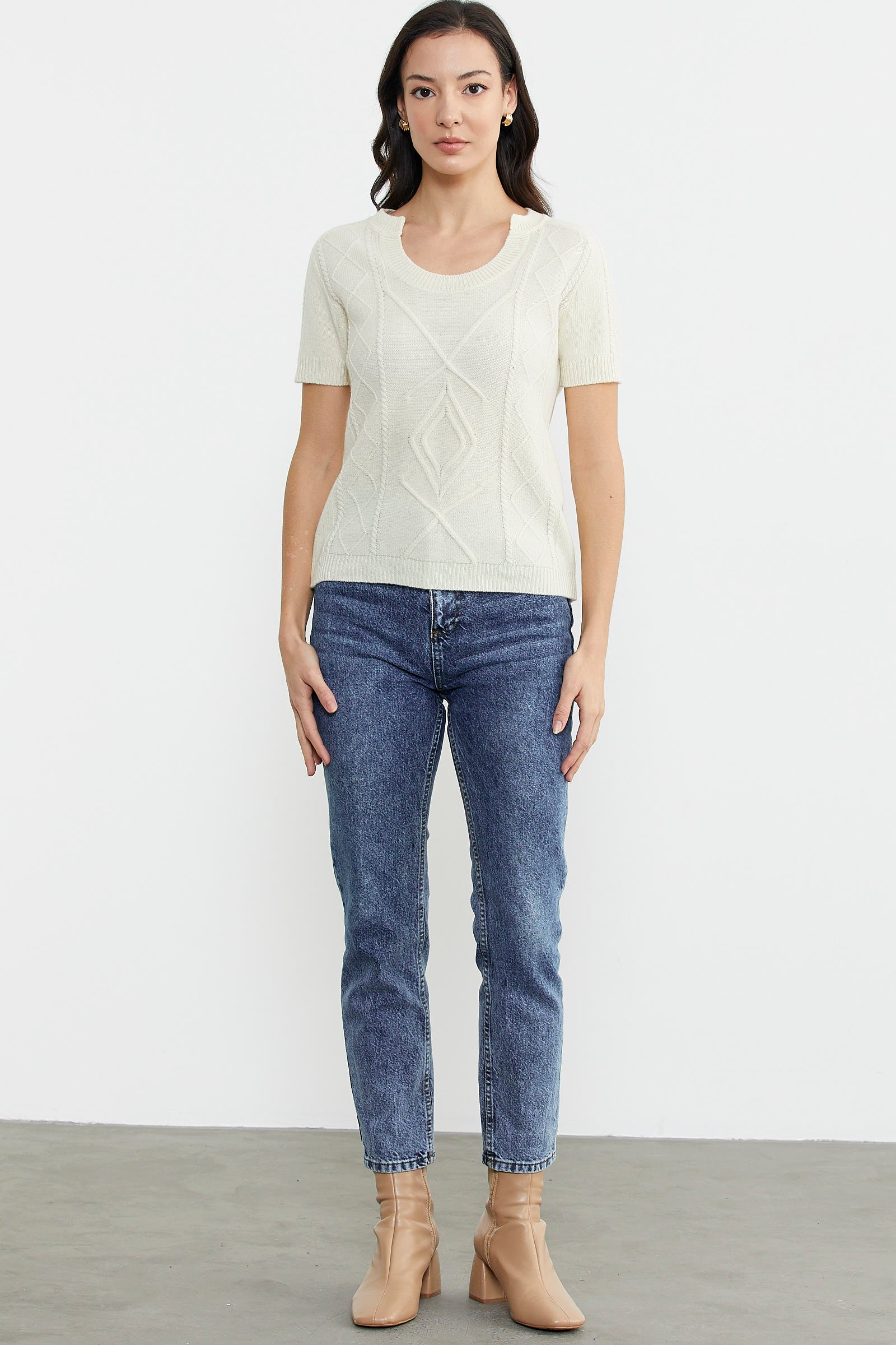 U Yaka Yünlü Triko Kazak - Kemik (1) Sementa