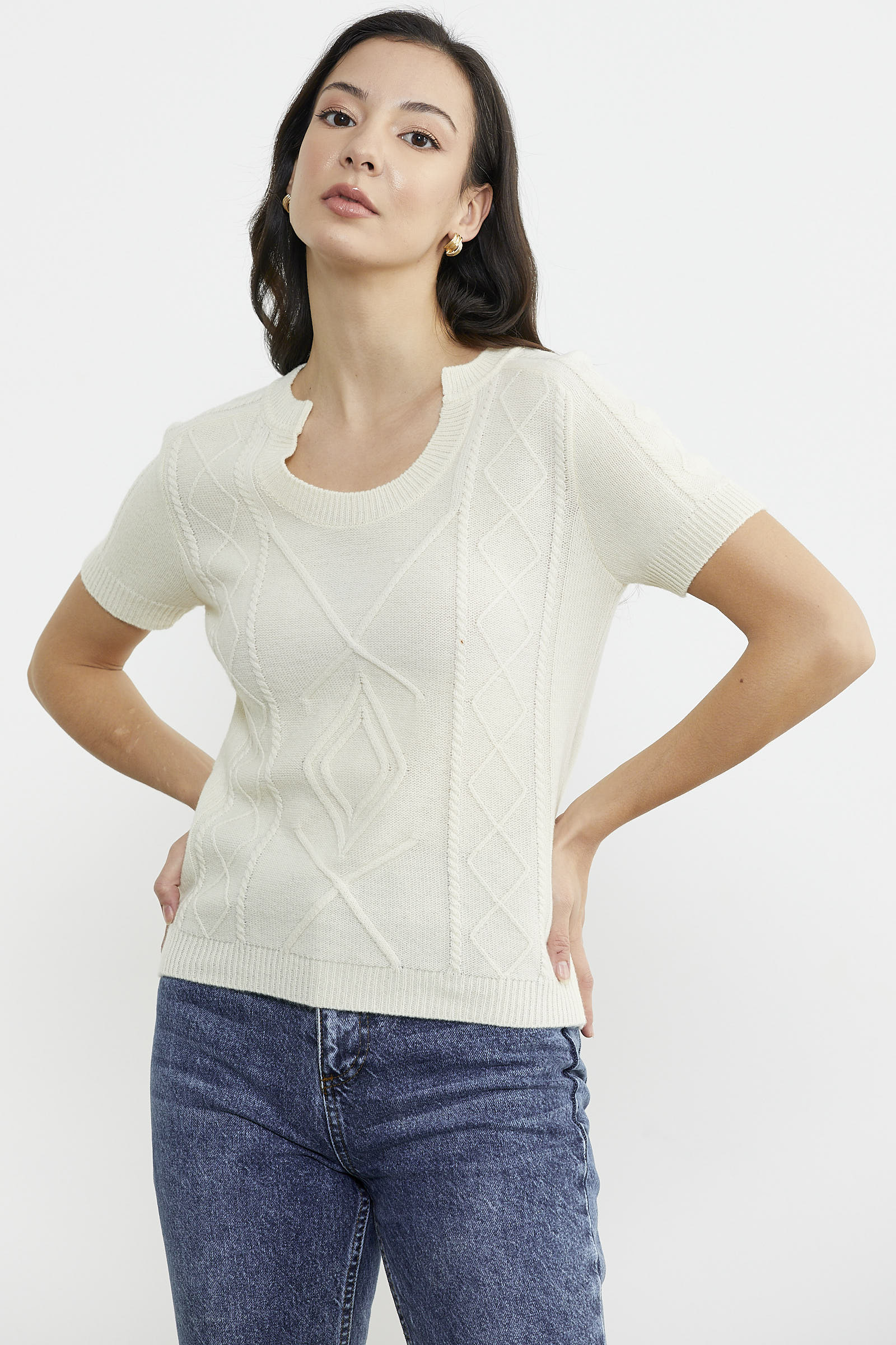 U Yaka Yünlü Triko Kazak - Kemik (3) Sementa