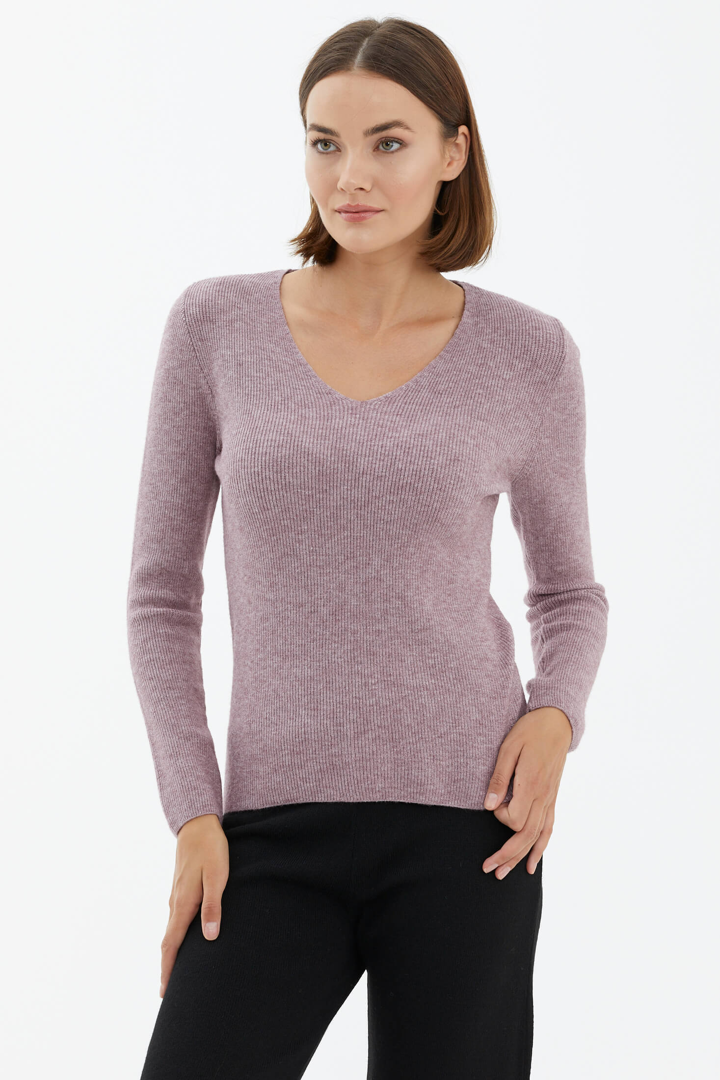 V Yaka Basic Triko Kazak - Gül (3) Sementa