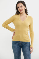 V Yaka Derbili Basic Triko Kazak - Sarı (2) Sementa