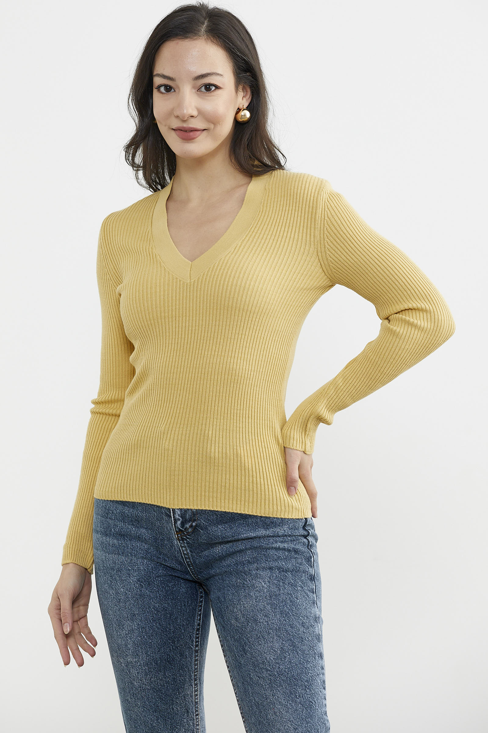 V Yaka Derbili Basic Triko Kazak - Sarı (3) Sementa