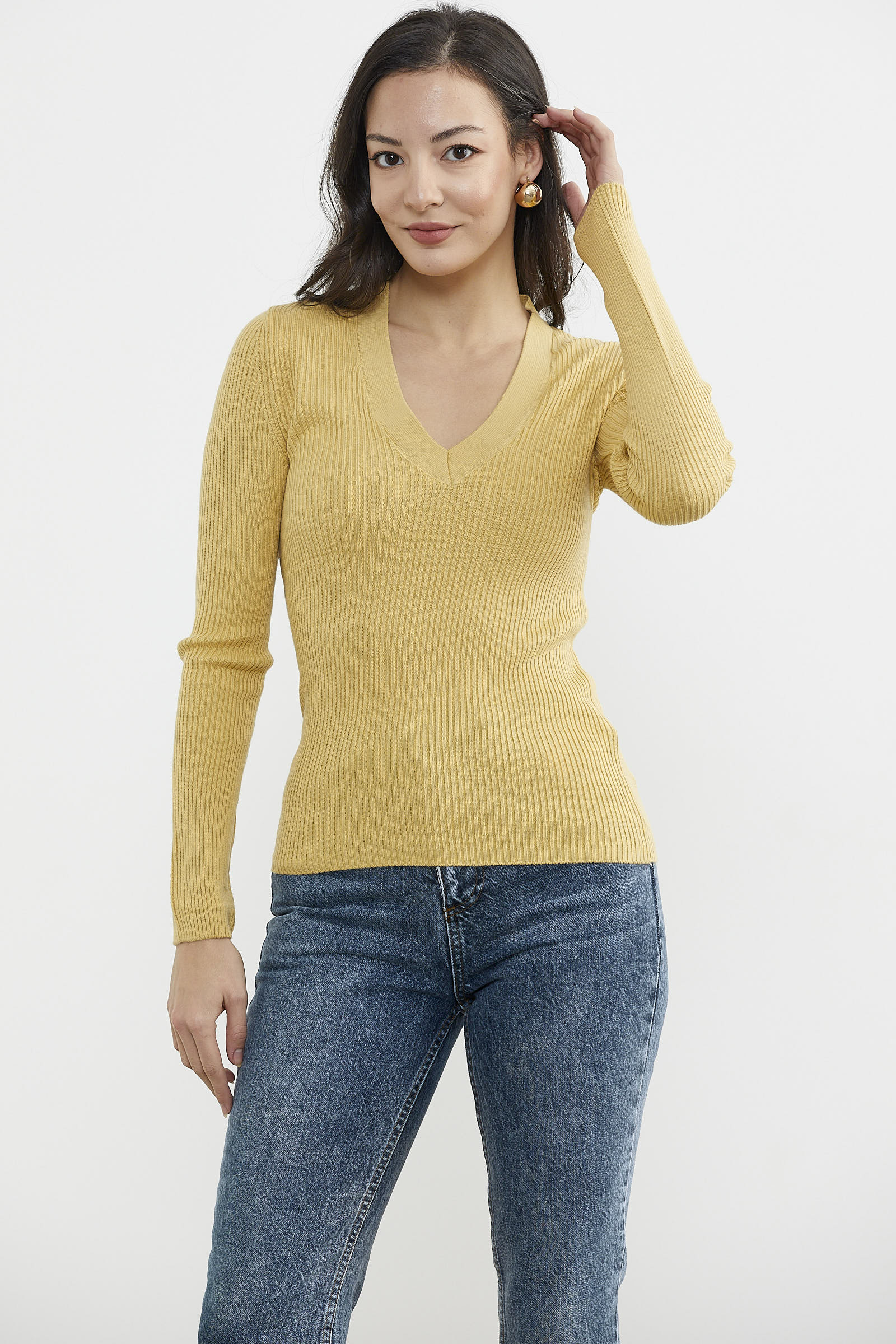 V Yaka Derbili Basic Triko Kazak - Sarı (4) Sementa