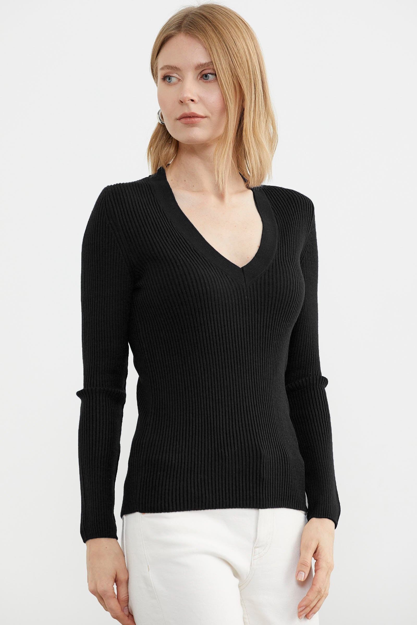 V Yaka Derbili Basic Triko Kazak - Siyah (1) Sementa