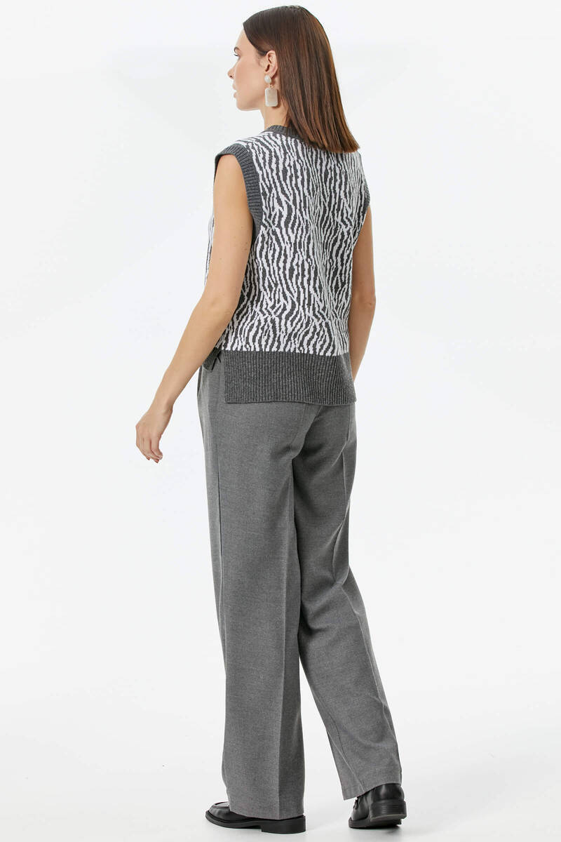 V Yaka Desenli Triko Süveter - Gri (5) Sementa