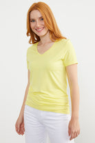 V Yaka  Dökümlü Basic Tişört - Sarı (2) Sementa