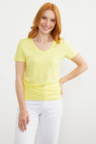 V Yaka  Dökümlü Basic Tişört - Sarı (3) Sementa
