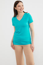 V Yaka  Dökümlü Basic Tişört - Turkuaz (2) Sementa