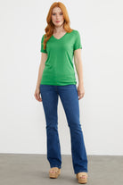 V Yaka  Dökümlü Basic Tişört - Yeşil (1) Sementa