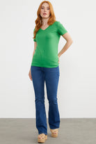 V Yaka  Dökümlü Basic Tişört - Yeşil (2) Sementa