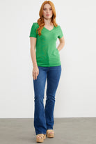 V Yaka  Dökümlü Basic Tişört - Yeşil (3) Sementa
