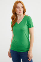 V Yaka  Dökümlü Basic Tişört - Yeşil (4) Sementa