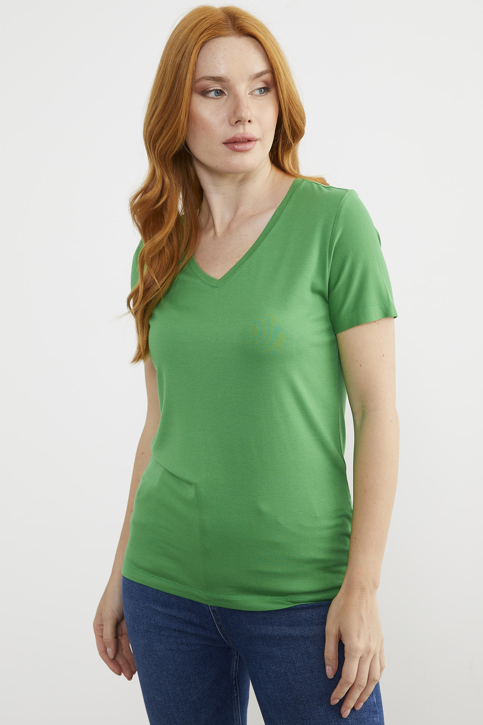 V Yaka  Dökümlü Basic Tişört - Yeşil (4) Sementa
