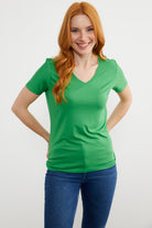 V Yaka  Dökümlü Basic Tişört - Yeşil (5) Sementa