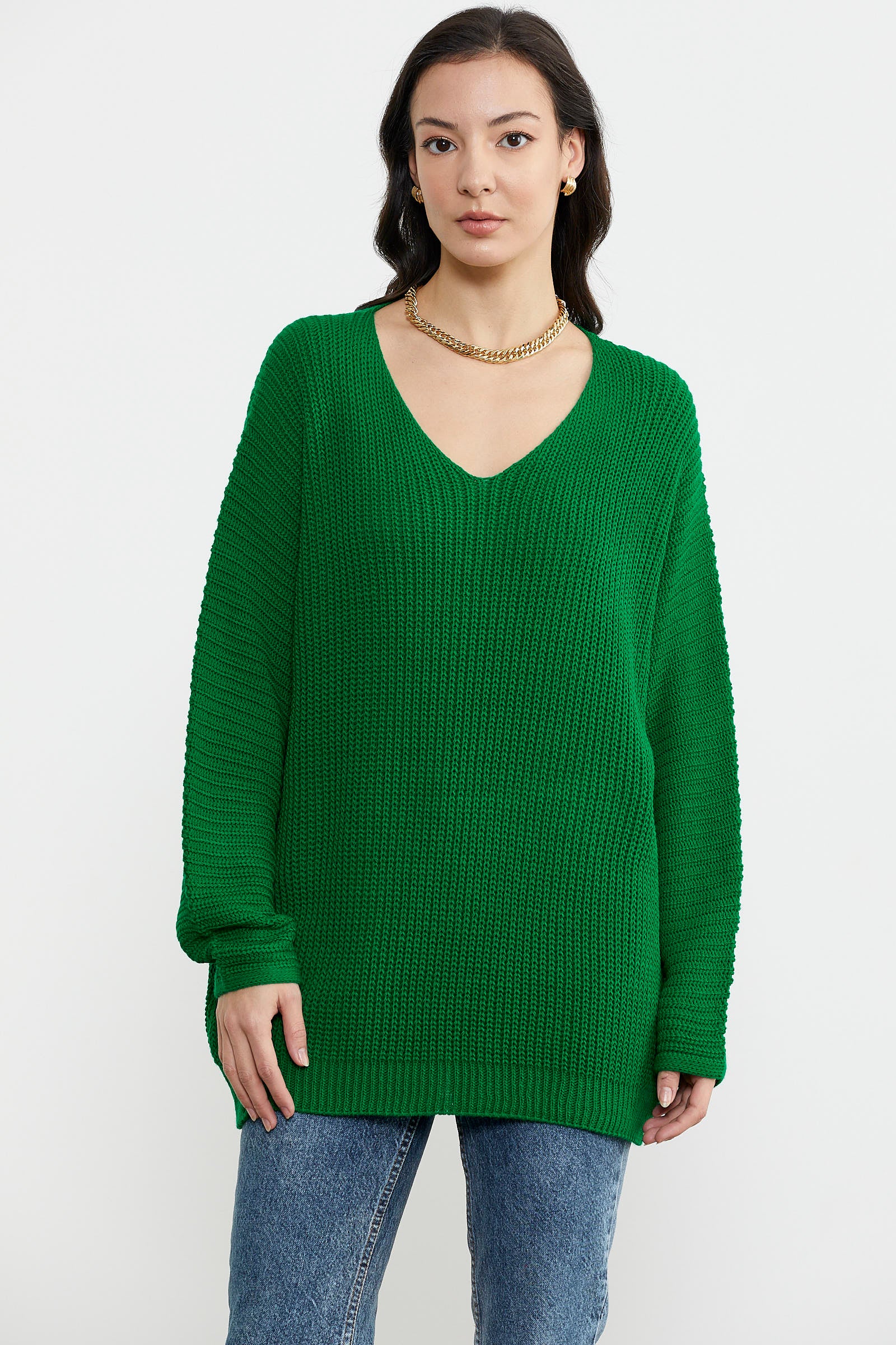 V Yaka Dökümlü Triko Kazak - Benetton Yeşil (1) Sementa