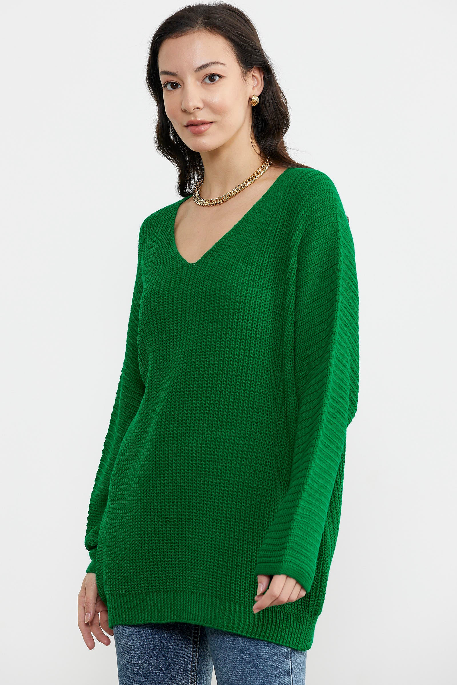 V Yaka Dökümlü Triko Kazak - Benetton Yeşil (3) Sementa