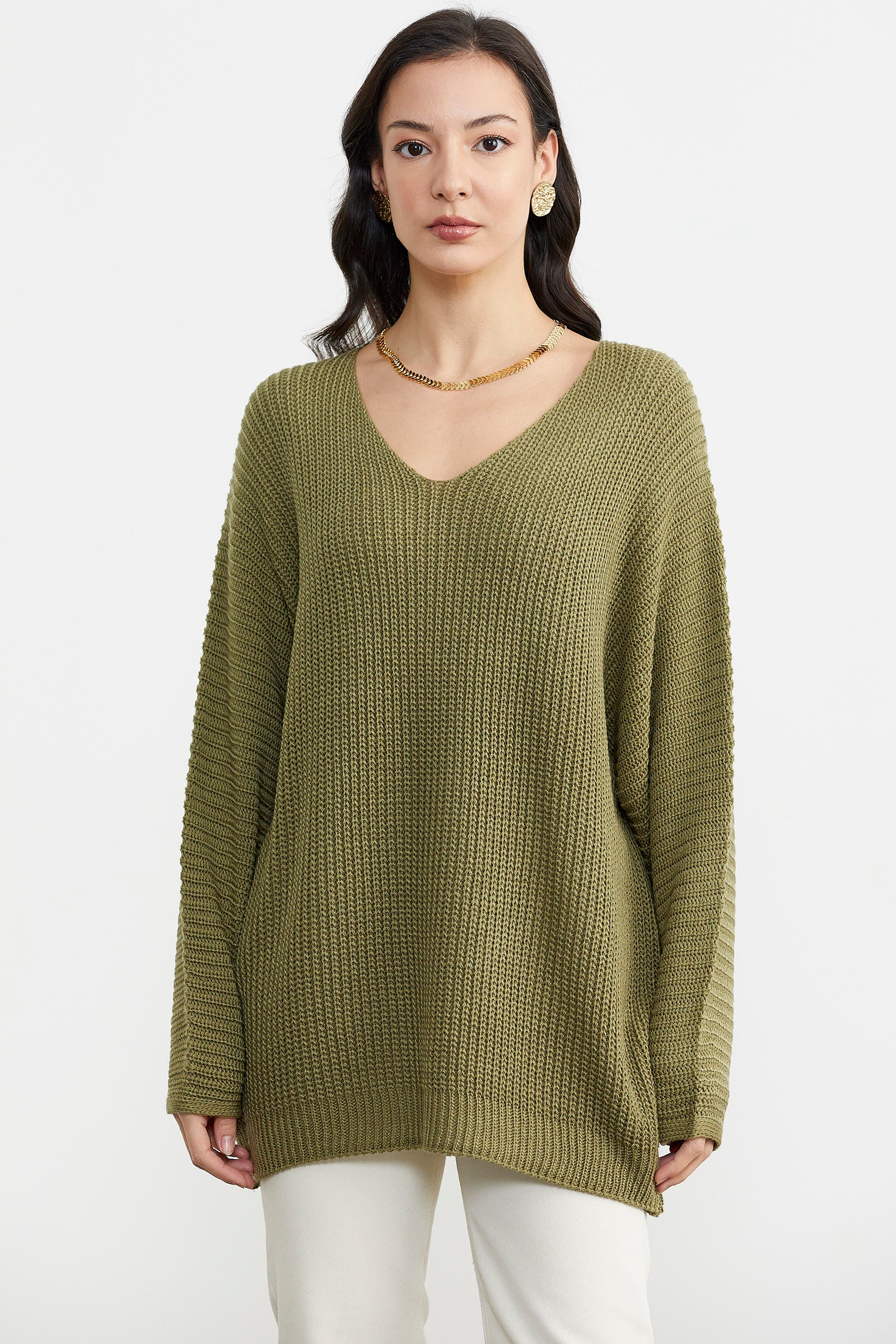 V Yaka Dökümlü Triko Kazak - Çağla Yeşili (2) Sementa