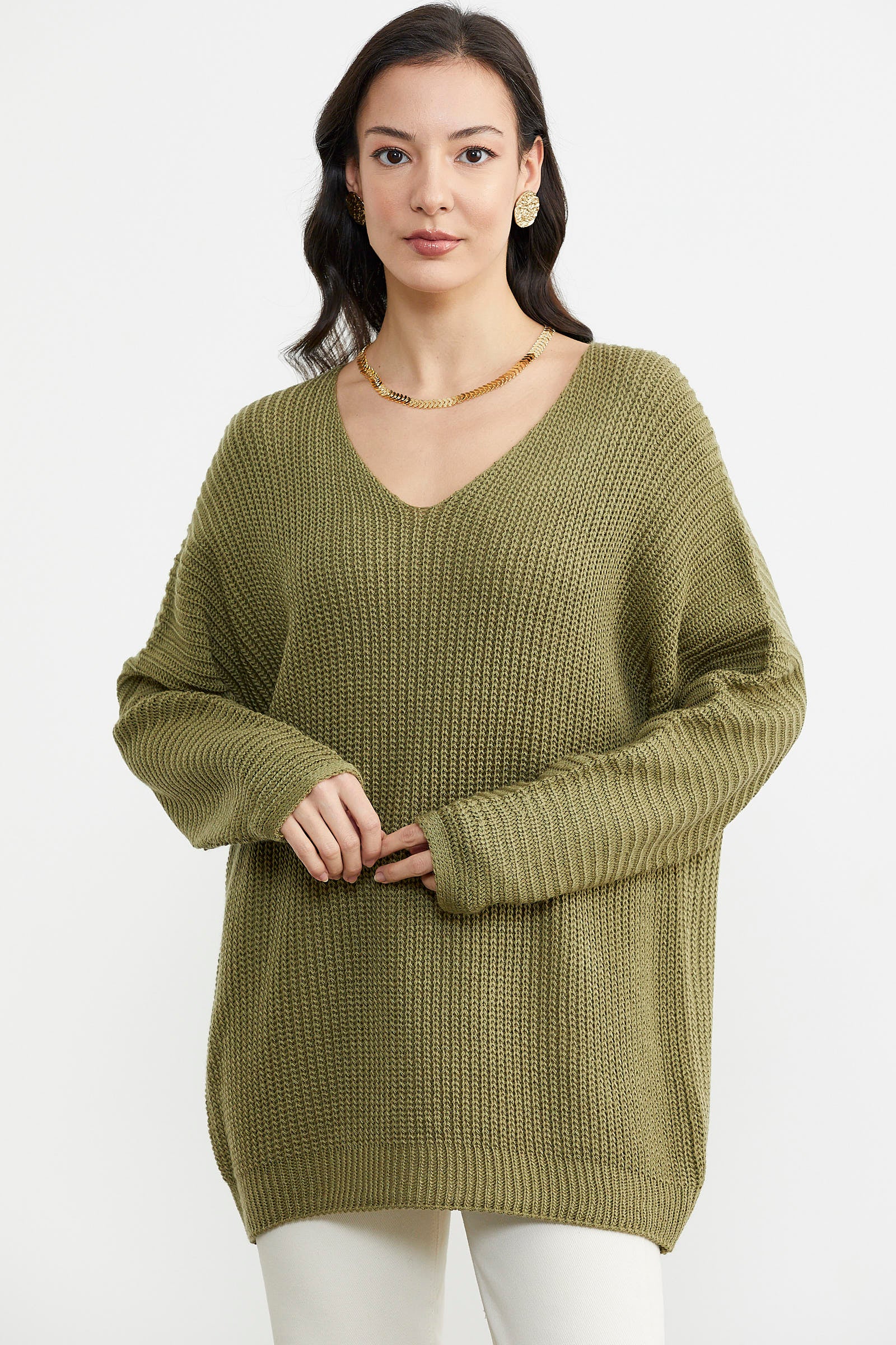 V Yaka Dökümlü Triko Kazak - Çağla Yeşili (1) Sementa