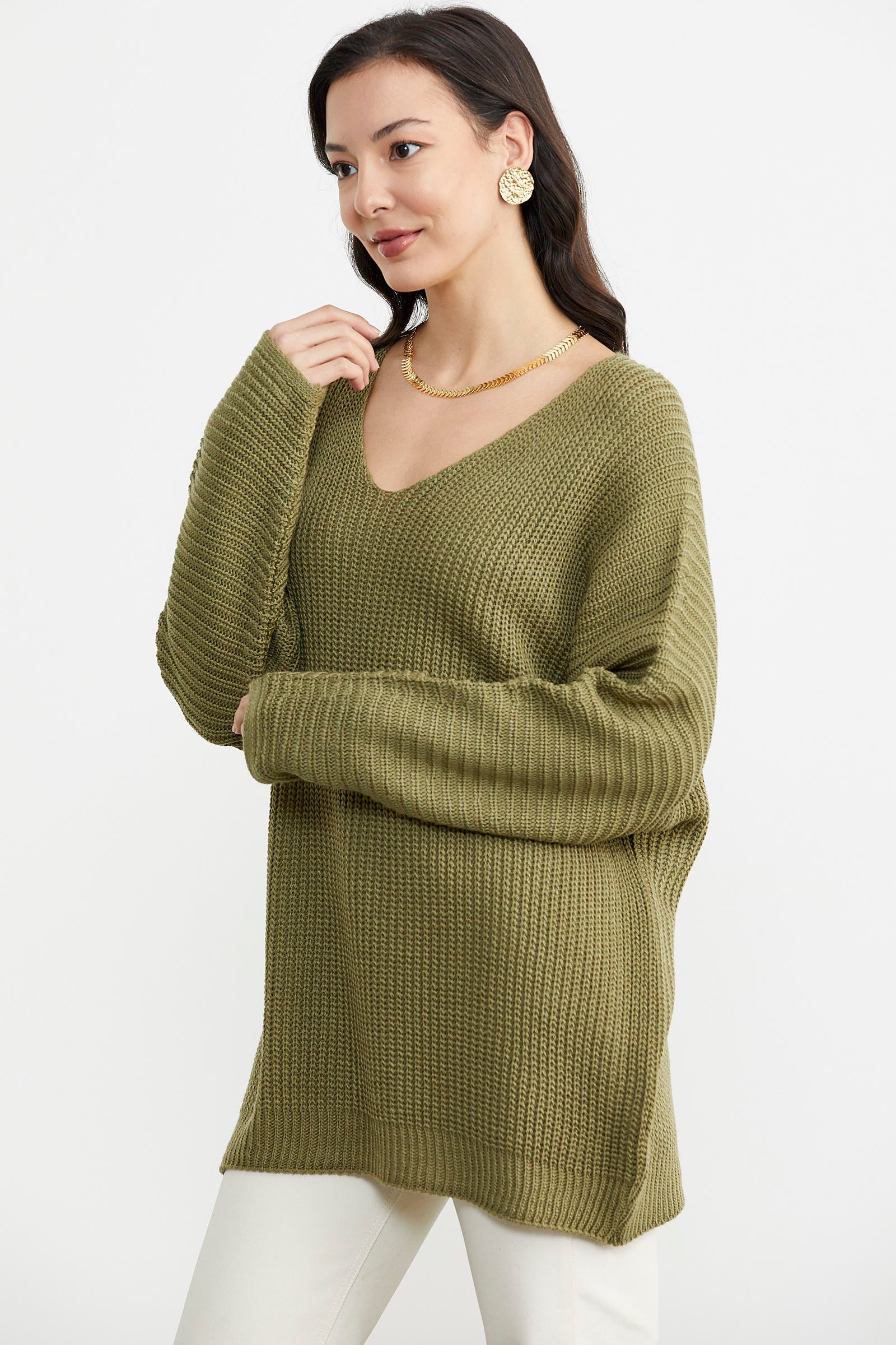 V Yaka Dökümlü Triko Kazak - Çağla Yeşili (3) Sementa