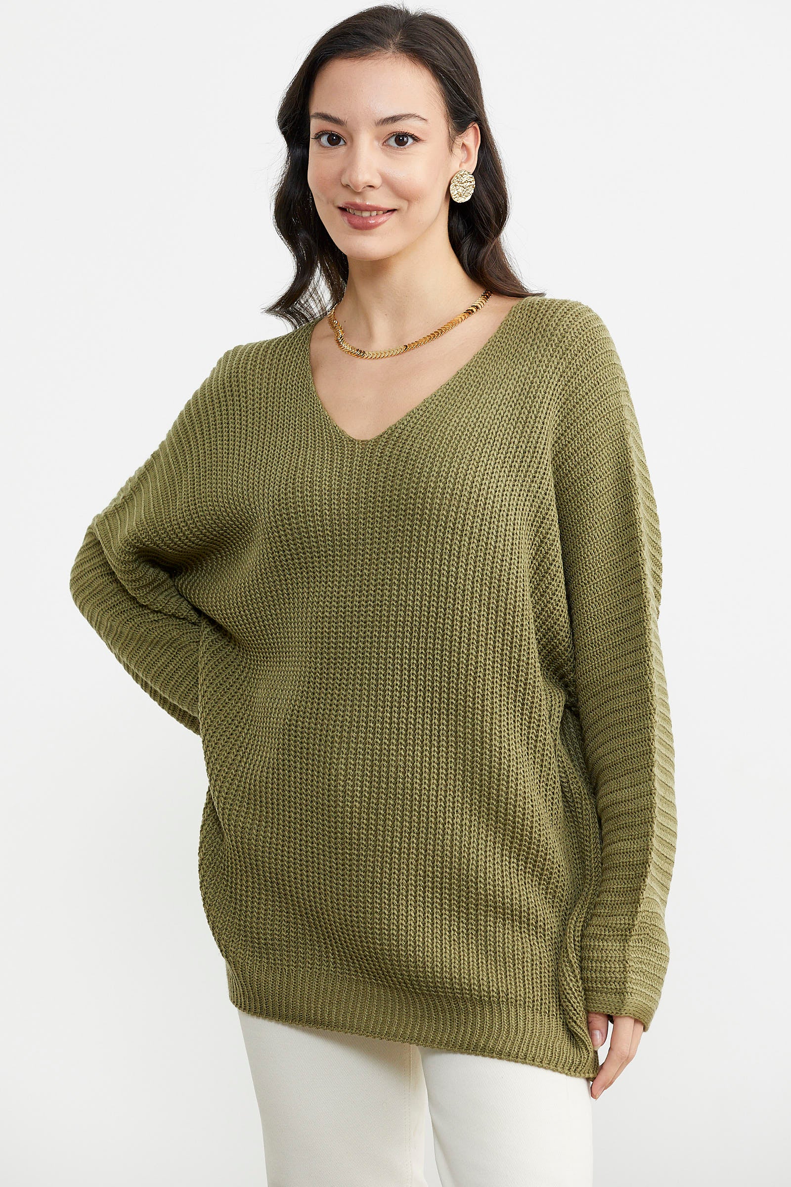 V Yaka Dökümlü Triko Kazak - Çağla Yeşili (4) Sementa