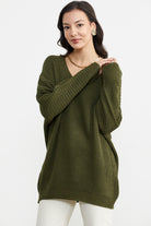 V Yaka Dökümlü Triko Kazak - Haki (3) Sementa