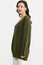 V Yaka Dökümlü Triko Kazak - Haki (4) Sementa