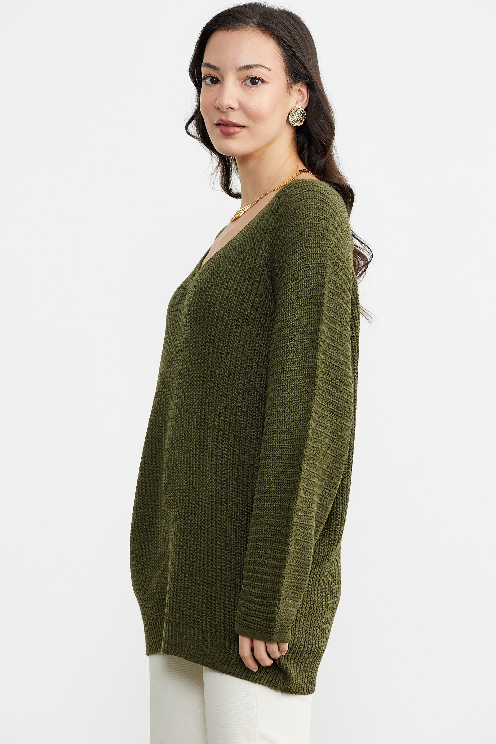 V Yaka Dökümlü Triko Kazak - Haki (4) Sementa