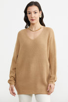 V Yaka Dökümlü Triko Kazak - Kamel (1) Sementa