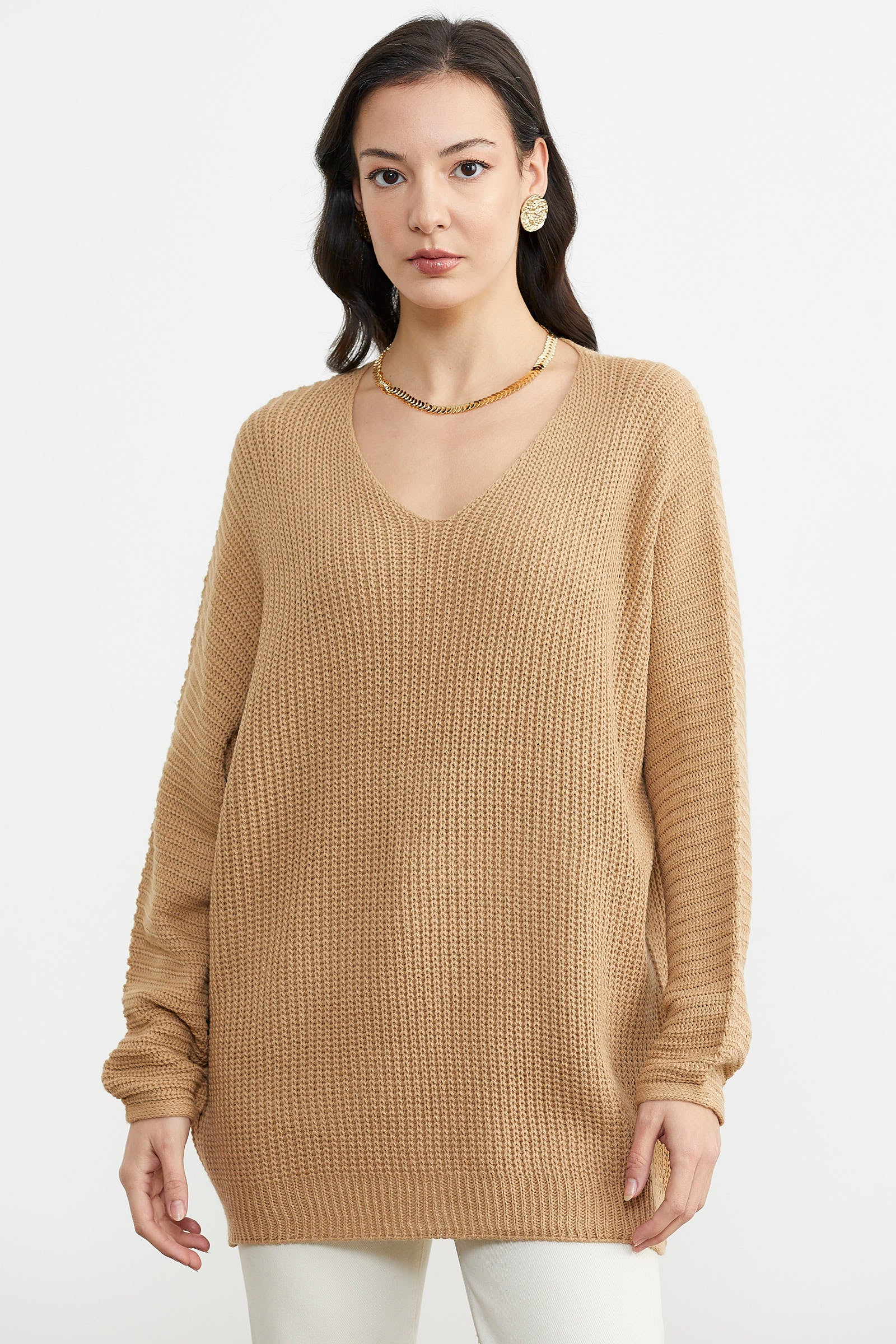 V Yaka Dökümlü Triko Kazak - Kamel (1) Sementa