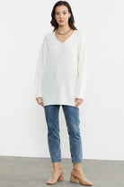 V Yaka Dökümlü Triko Kazak - Kemik (1) Sementa