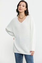 V Yaka Dökümlü Triko Kazak - Kemik (4) Sementa