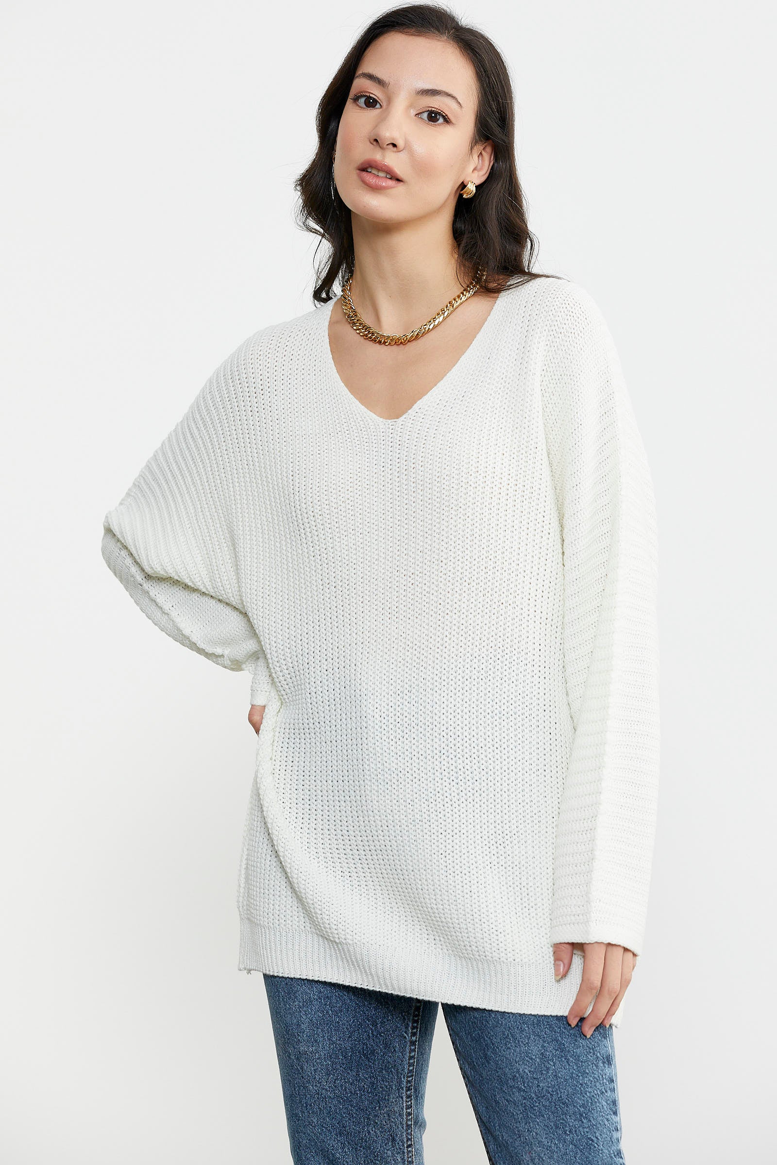 V Yaka Dökümlü Triko Kazak - Kemik (4) Sementa