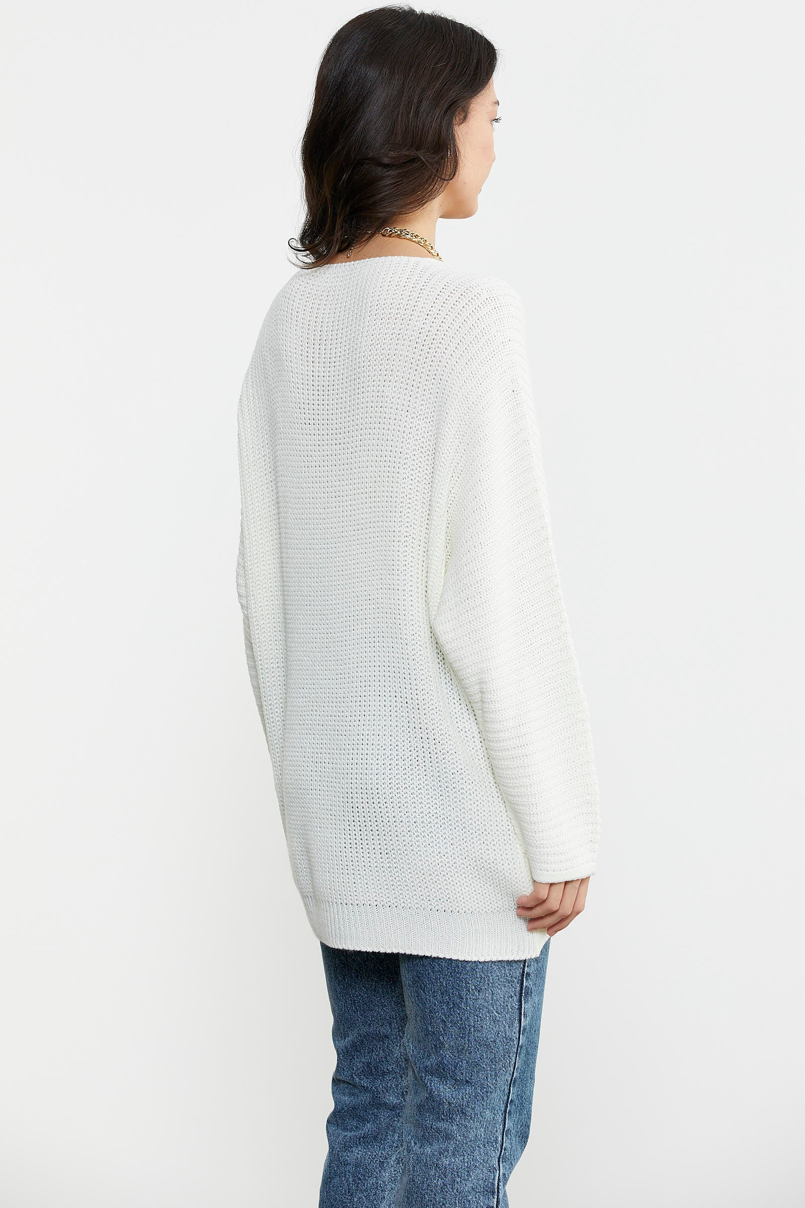 V Yaka Dökümlü Triko Kazak - Kemik (6) Sementa