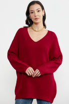 V Yaka Dökümlü Triko Kazak - Kırmızı (1) Sementa