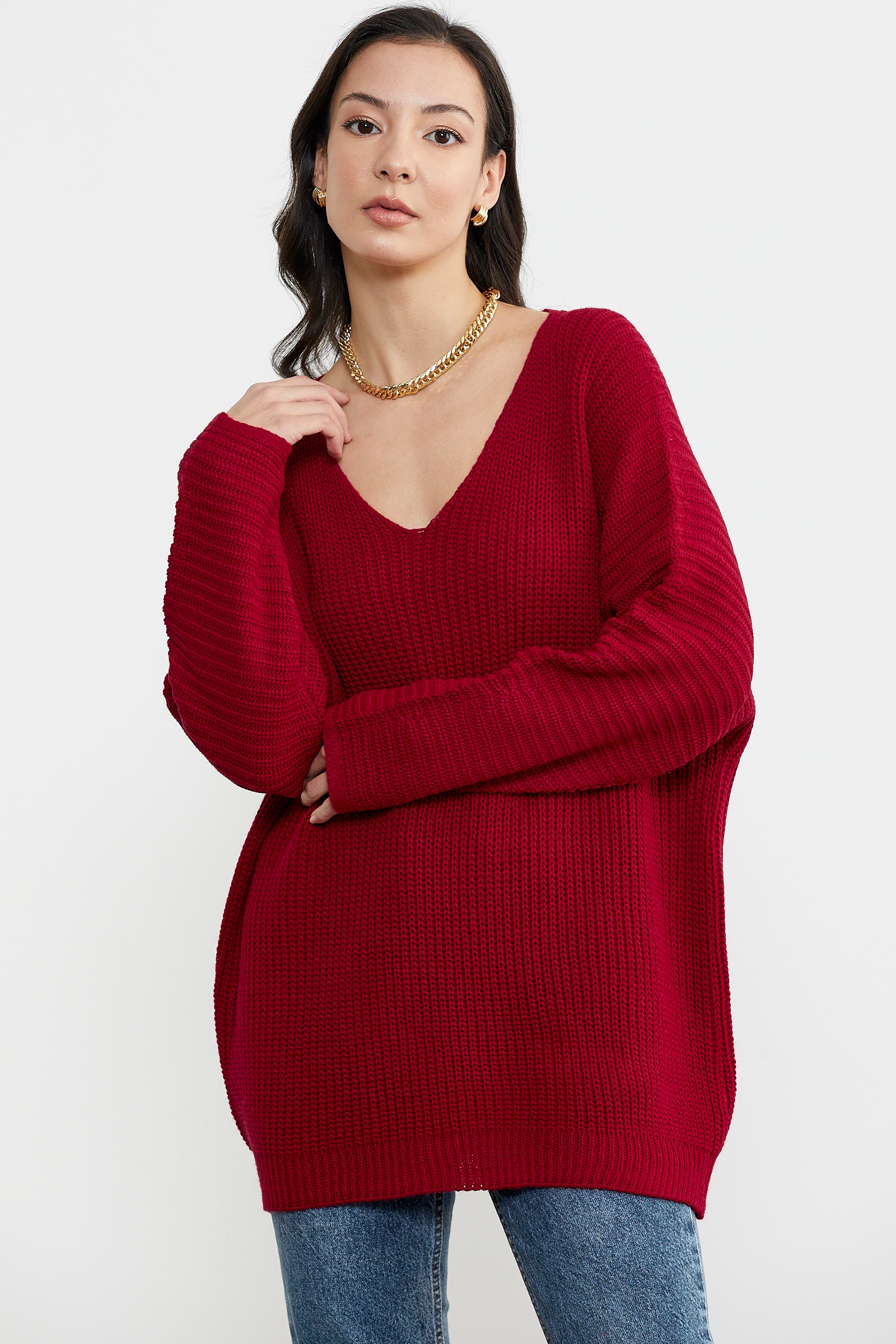 V Yaka Dökümlü Triko Kazak - Kırmızı (2) Sementa