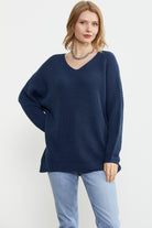 V Yaka Dökümlü Triko Kazak - Lacivert (1) Sementa