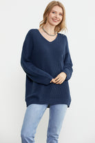 V Yaka Dökümlü Triko Kazak - Lacivert (3) Sementa