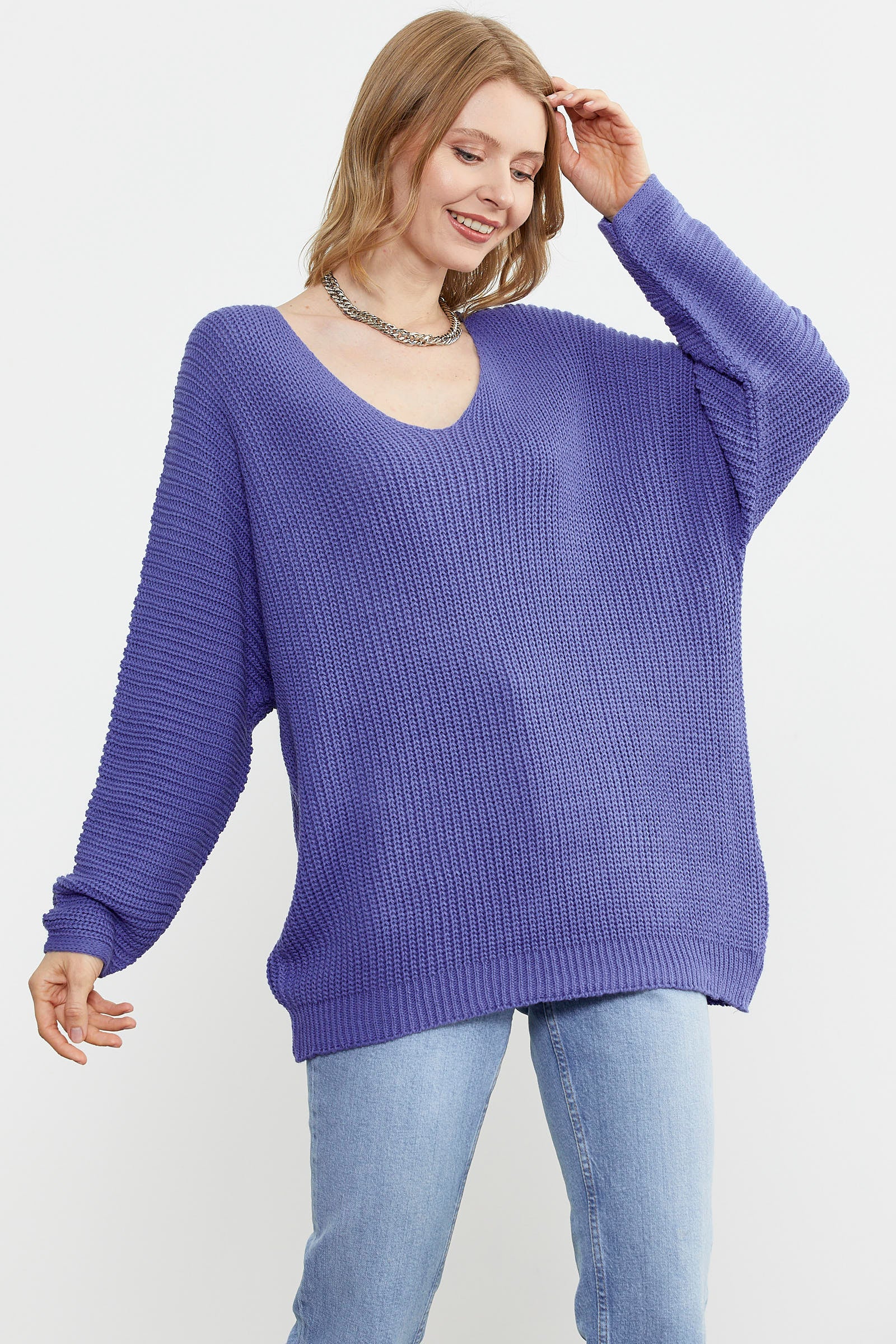 V Yaka Dökümlü Triko Kazak - Mor (2) Sementa