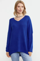 V Yaka Dökümlü Triko Kazak - Saks (1) Sementa