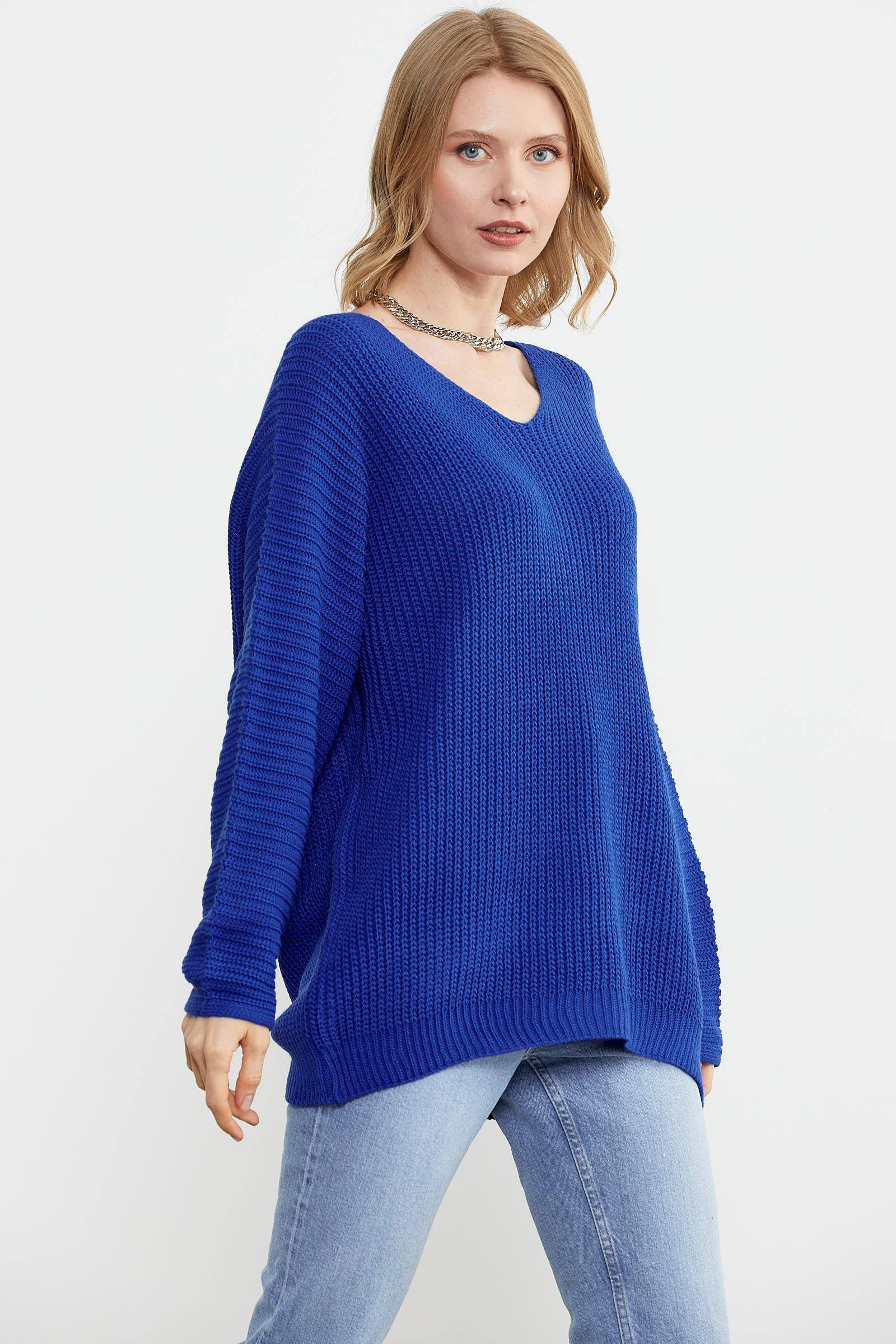 V Yaka Dökümlü Triko Kazak - Saks (2) Sementa