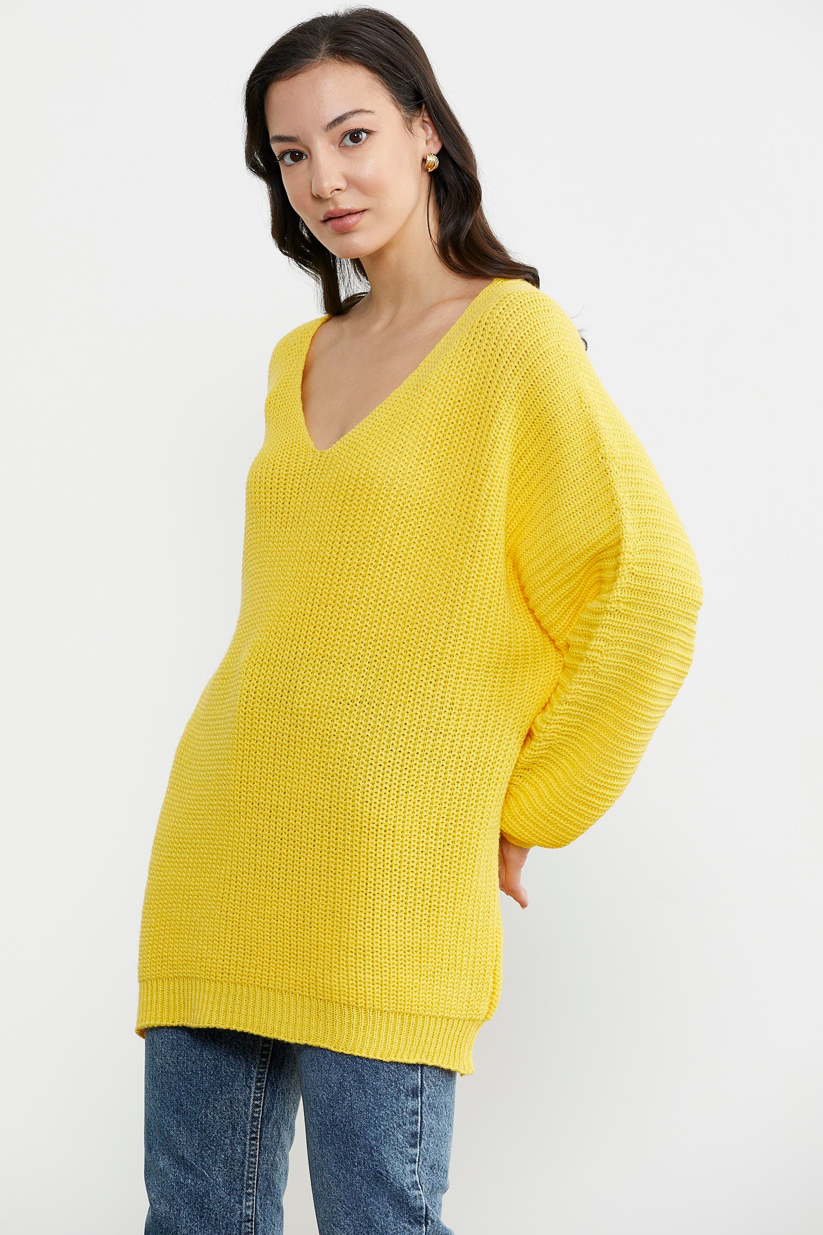 V Yaka Dökümlü Triko Kazak - Sarı (5) Sementa