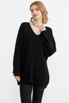 V Yaka Dökümlü Triko Kazak - Siyah (3) Sementa