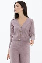 V Yaka Düğmeli Cepli Triko Hırka - Gül (3) Sementa