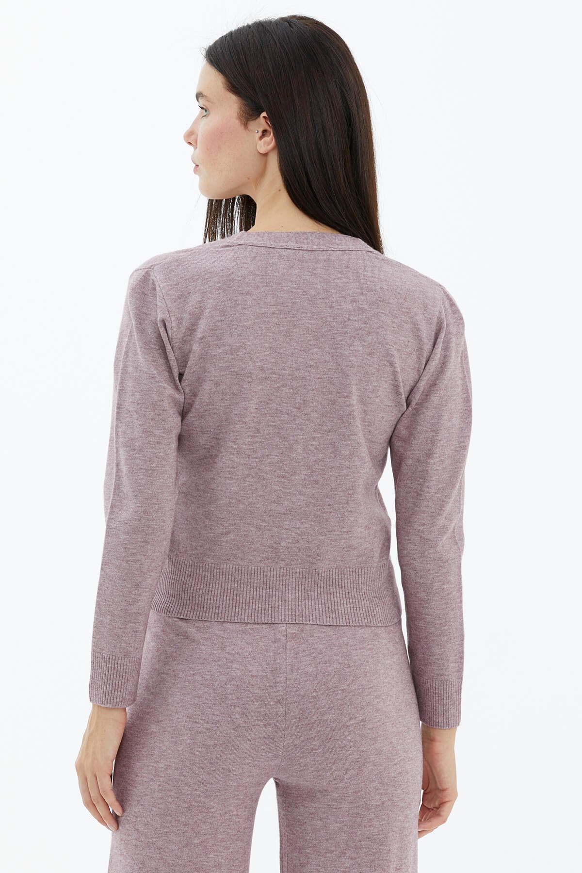 V Yaka Düğmeli Cepli Triko Hırka - Gül (4) Sementa