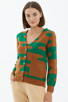 V Yaka Düğmeli Cepli Triko Hırka - Kiremit (2) Sementa