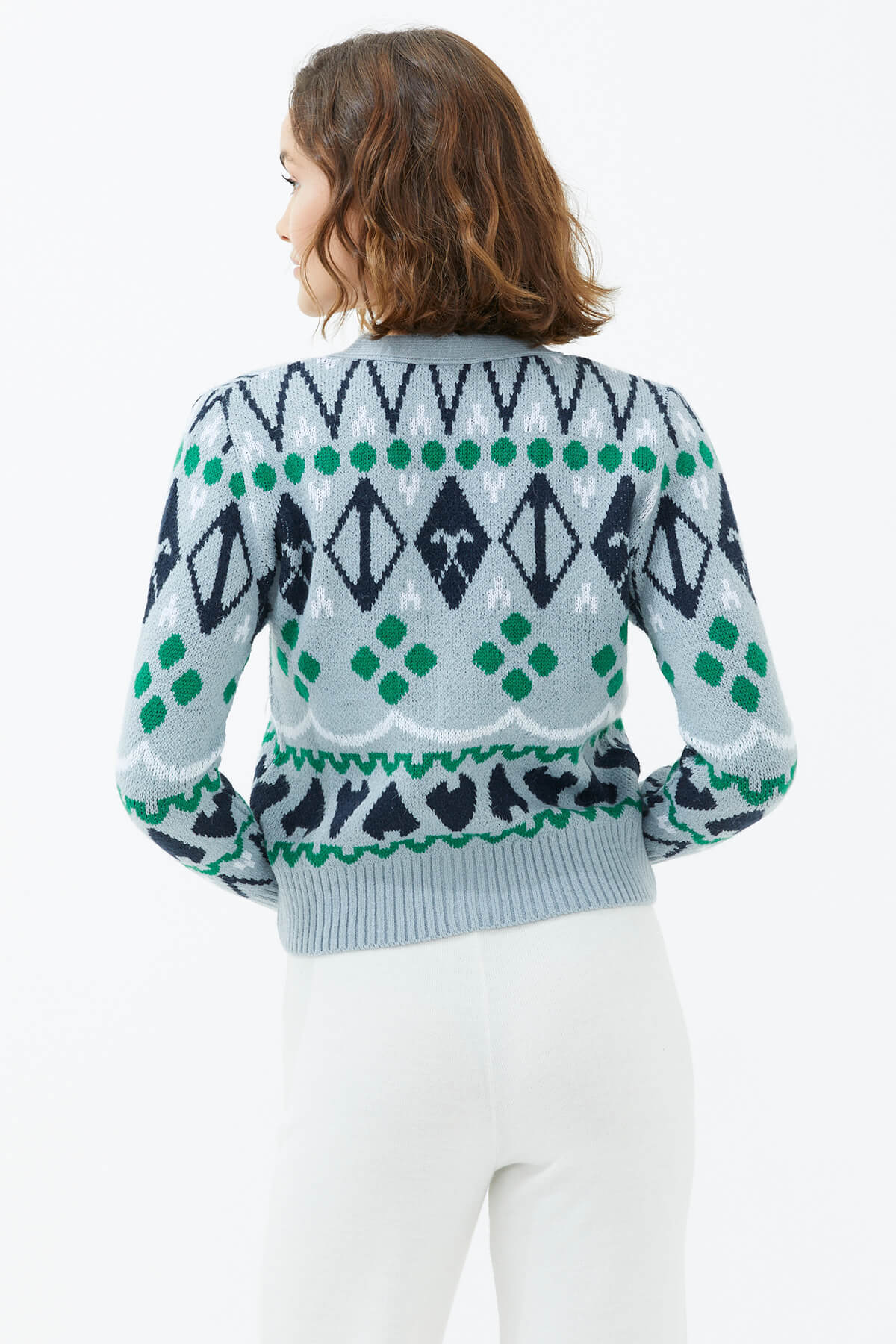 V Yaka Düğmeli Triko Hırka - Mavi (4) Sementa