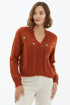 V Yaka Düğmeli Triko Hırka - Taba (3) Sementa