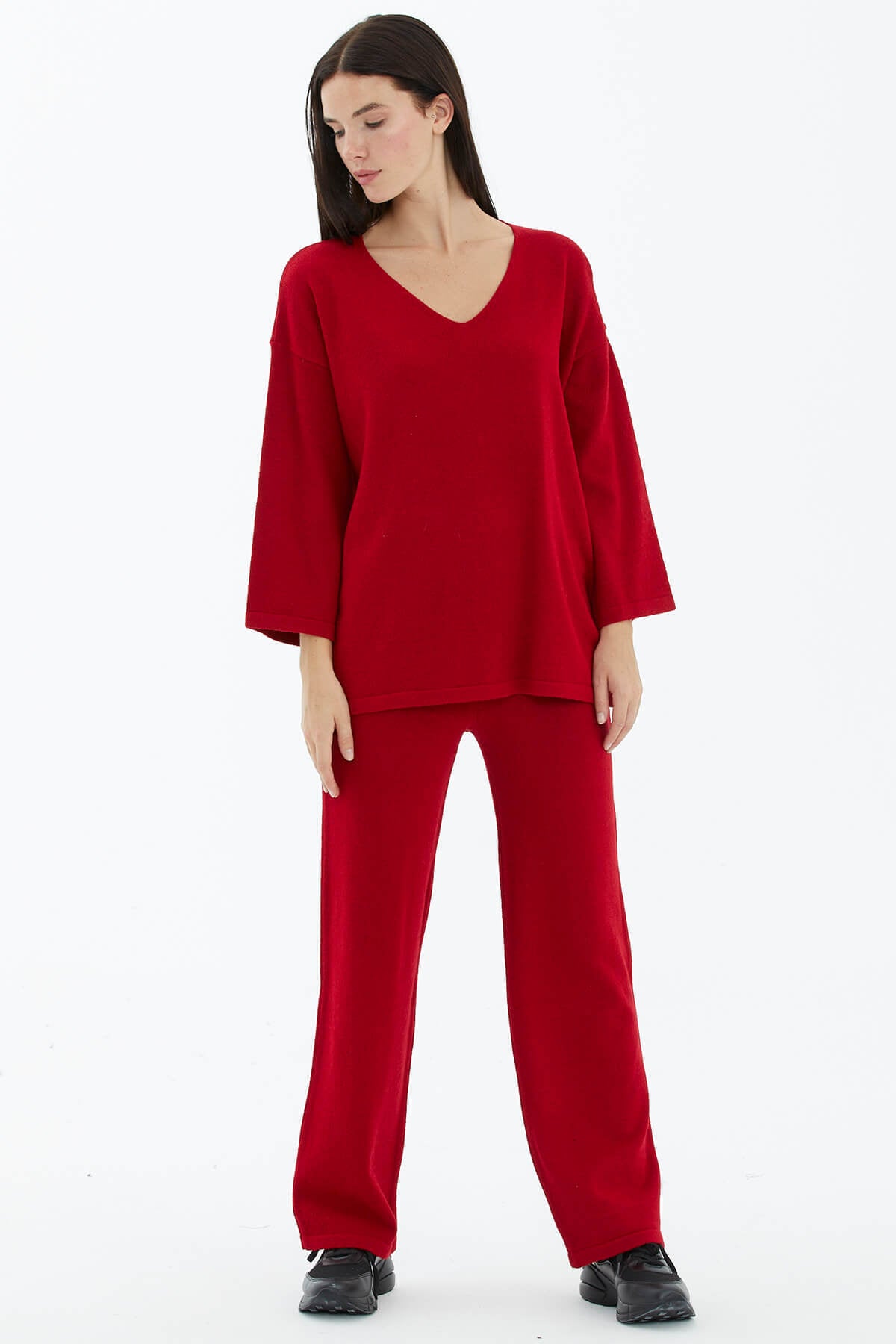 V Yaka İkili Triko Takım - Kırmızı (3) Sementa