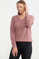 V Yaka Motifli Yünlü Triko Kazak - Gül - Sementa